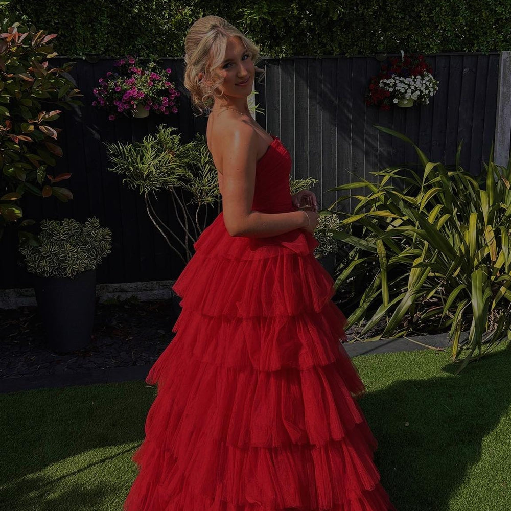 
                      
                        Strapless Red Ruffle Tiered Tulle Long Dress
                      
                    