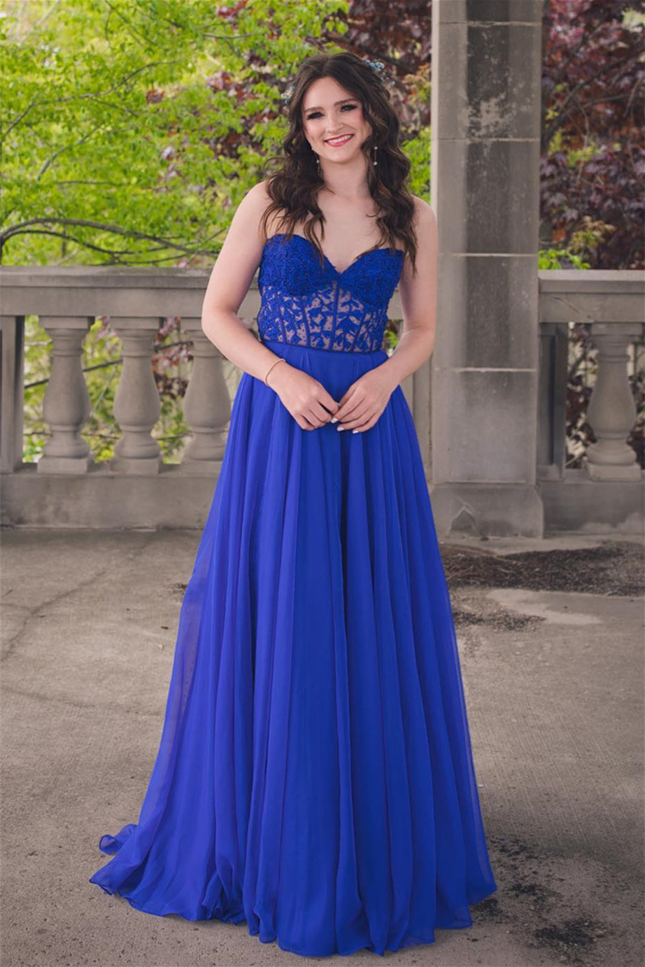 Strapless Royal Blue Appliques Chiffon Long Dress