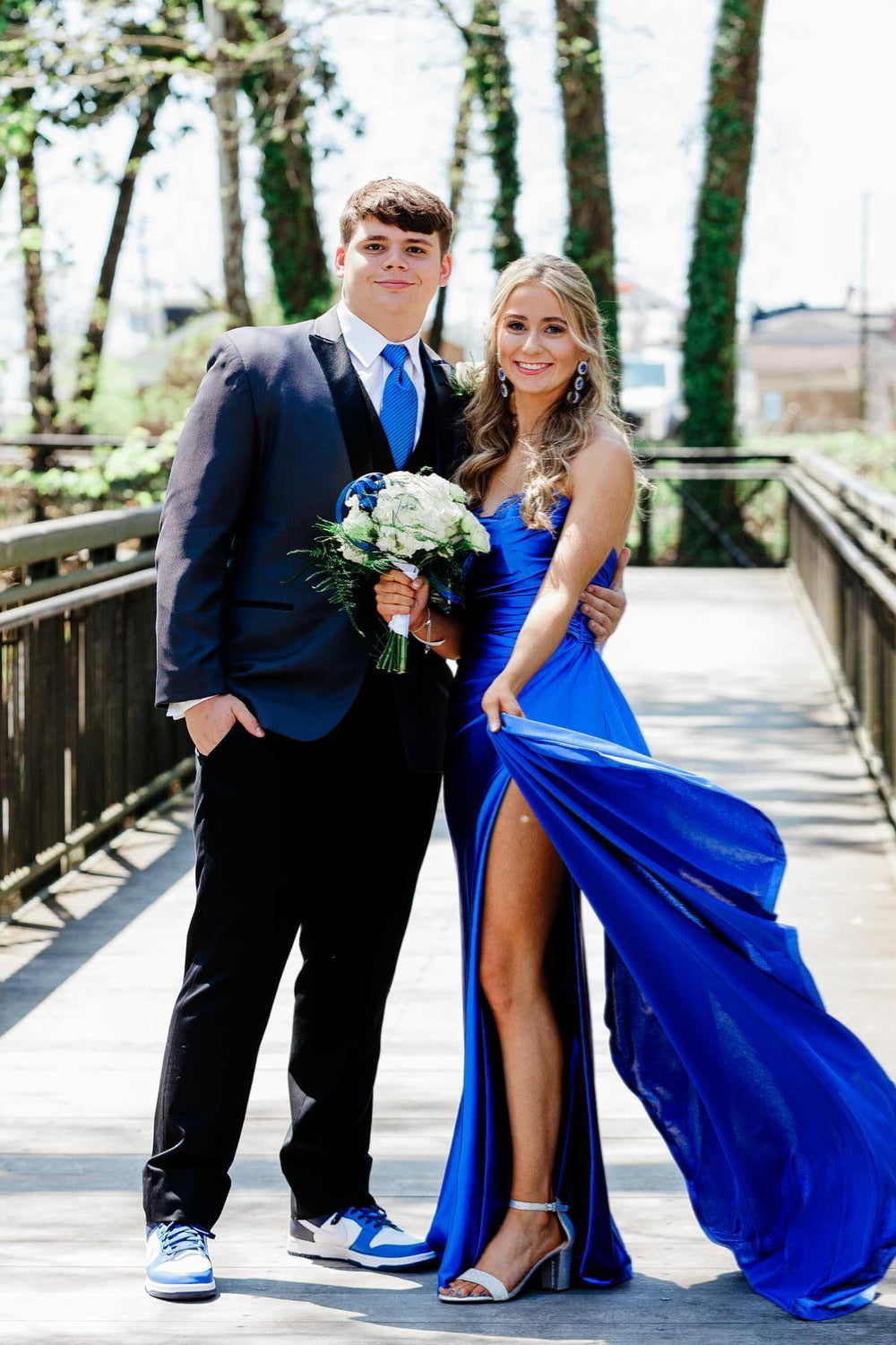 Strapless Royal Blue Appliques Long Dress with a Slit