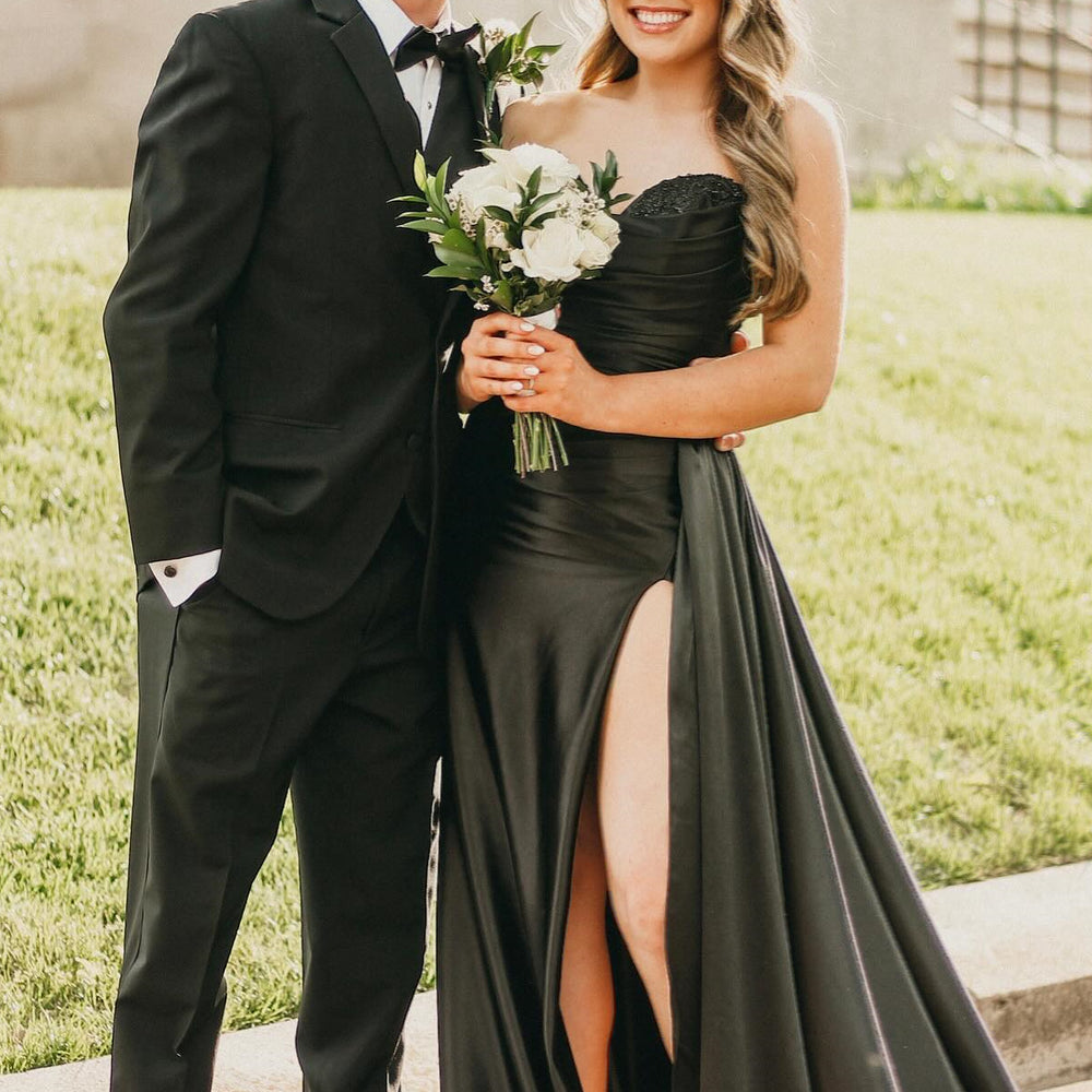 
                      
                        Strapless Royal Blue Appliques Long Dress with a Slit
                      
                    