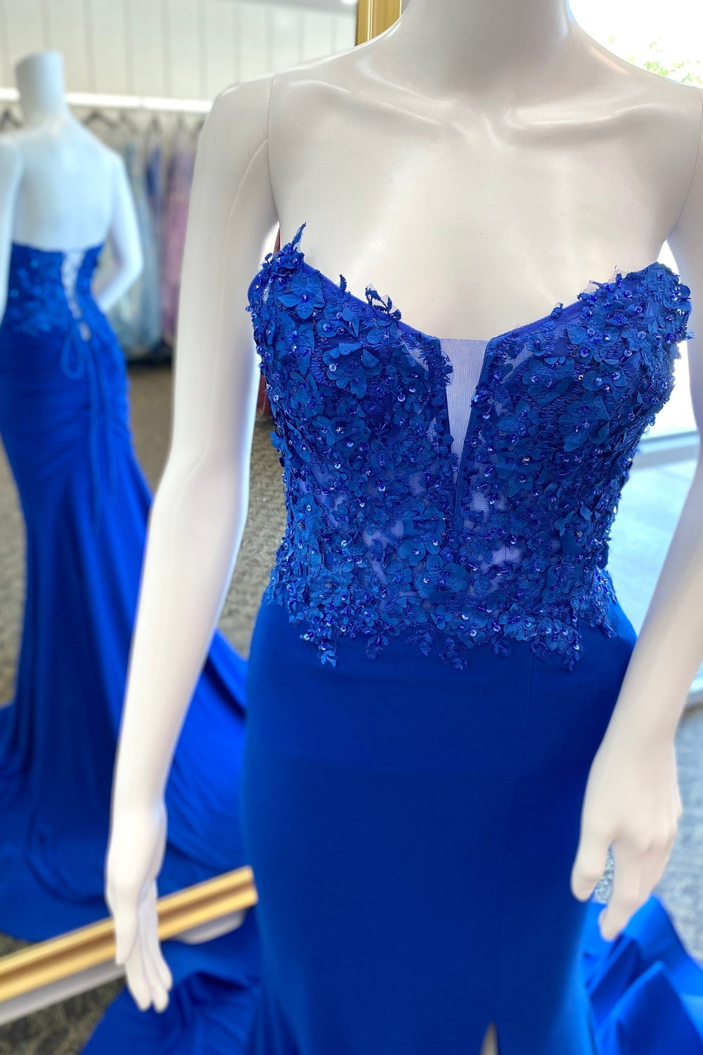 Strapless Royal Blue Appliques Mermaid Long Dress