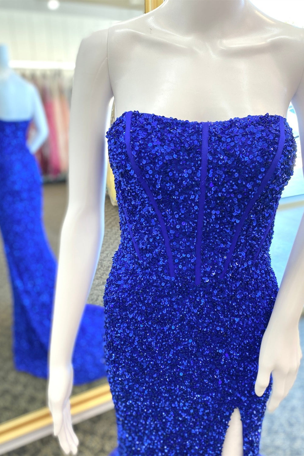 Strapless Royal Blue Sequin Mermaid Long Formal Dress