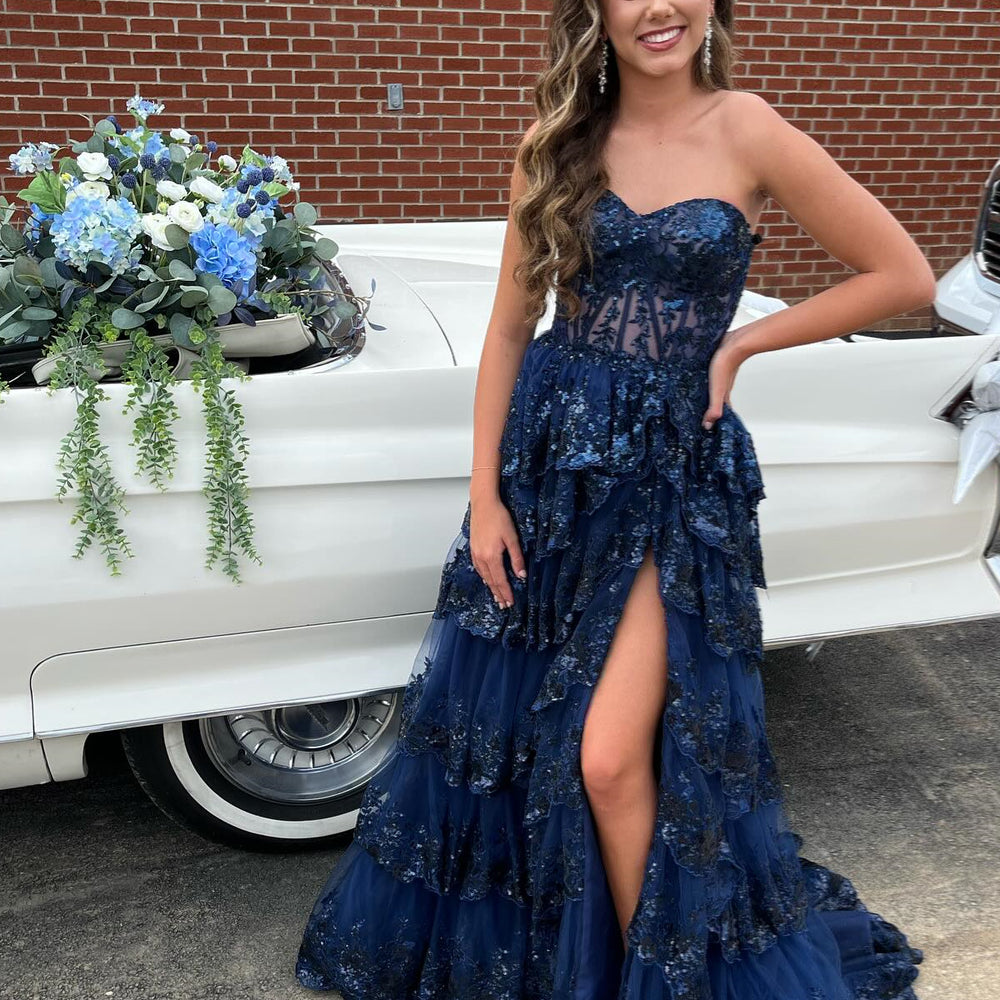 
                      
                        Strapless Navy Blue Sequin Tiered Long Dress
                      
                    