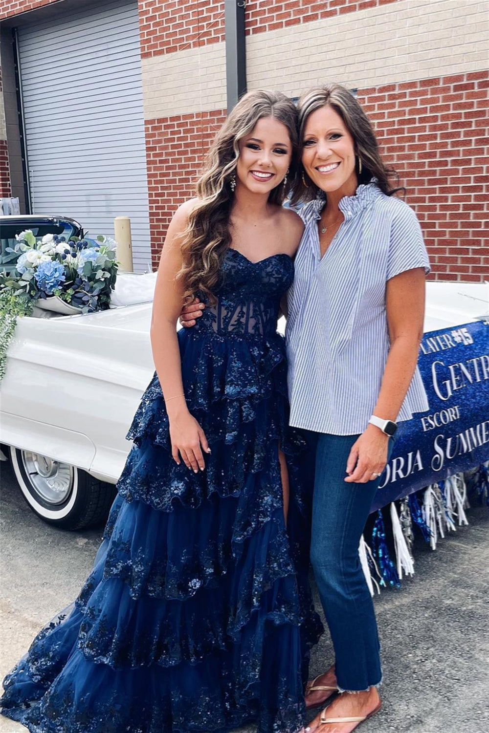 Strapless Navy Blue Sequin Tiered Long Dress