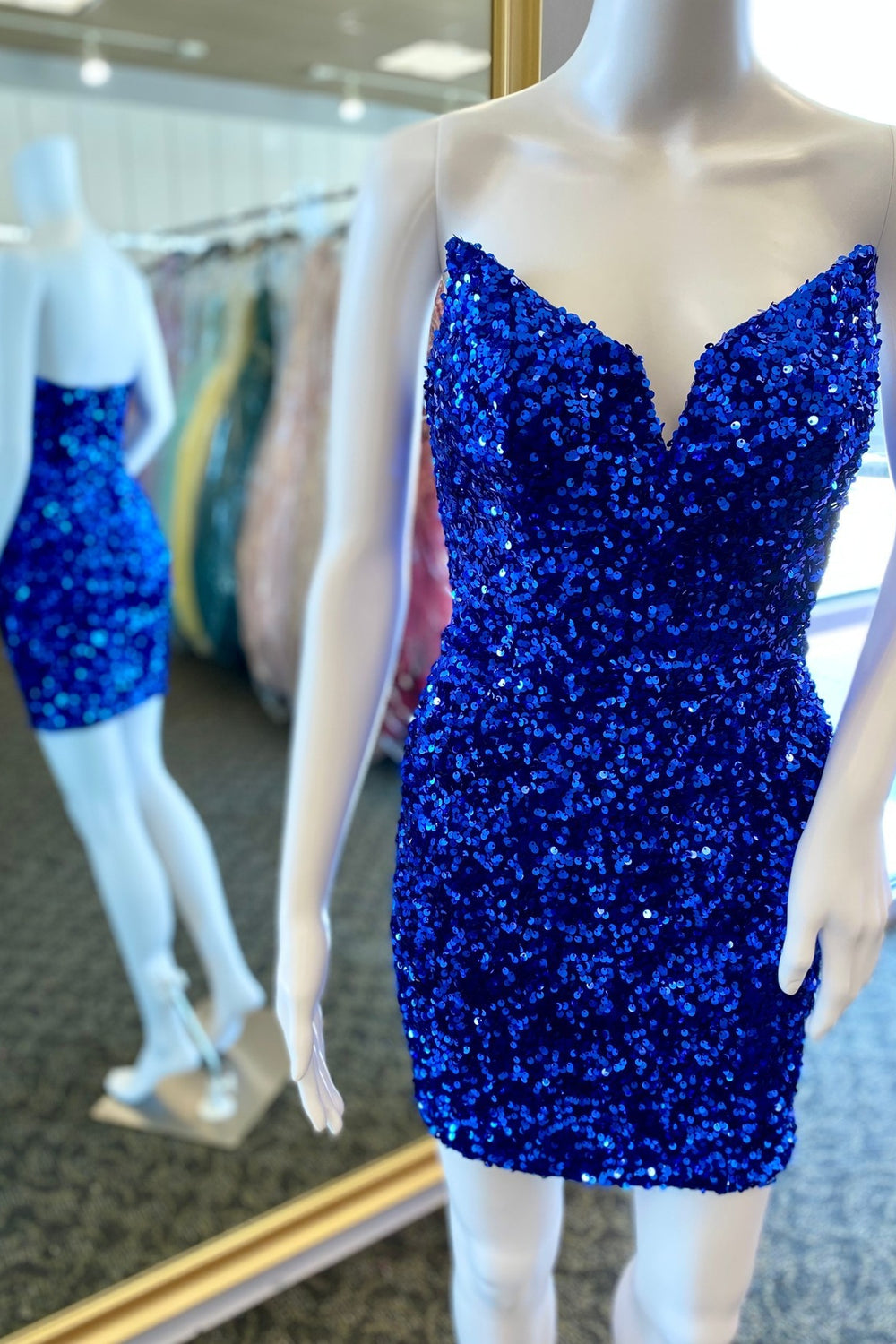 Strapless Royal Blue Sequin Tight Short Dress