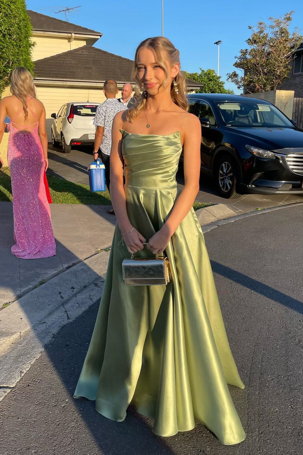 Strapless Sage Green A-line Satin Long Dress