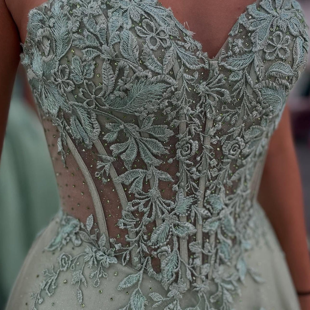 
                      
                        Strapless Sage Green Appliques Glitter Long Dress
                      
                    
