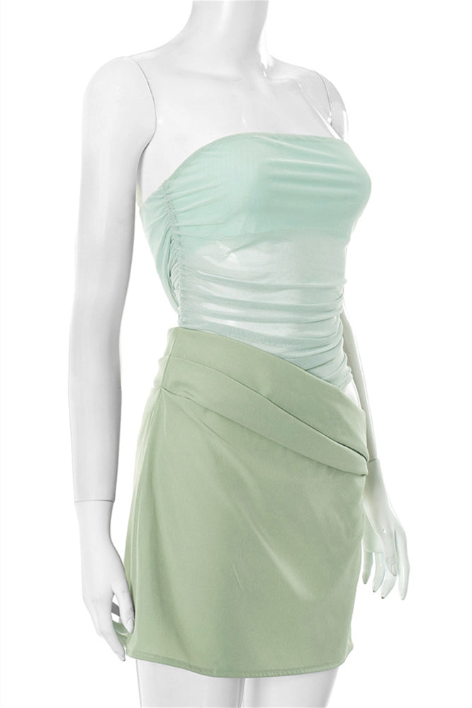 
                      
                        Strapless Sage Green Ruched Short Dress with Cut-out
                      
                    