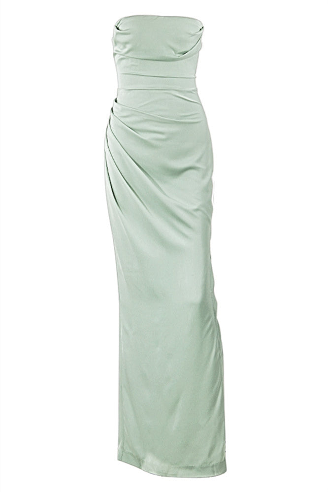 Strapless Sage Ruched Sheath Long Dress