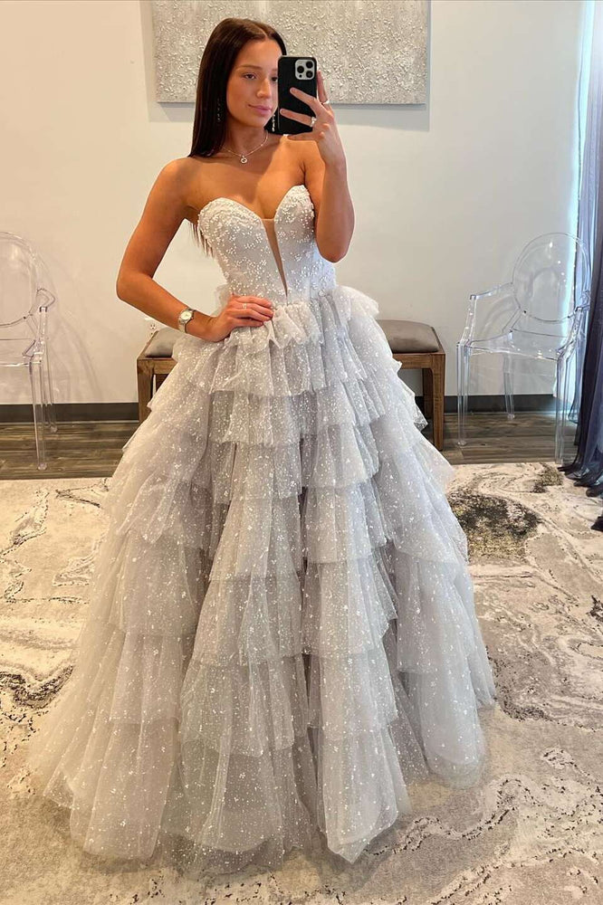 
                      
                        Strapless Silver Beaded Tiered Long Tulle Dress
                      
                    