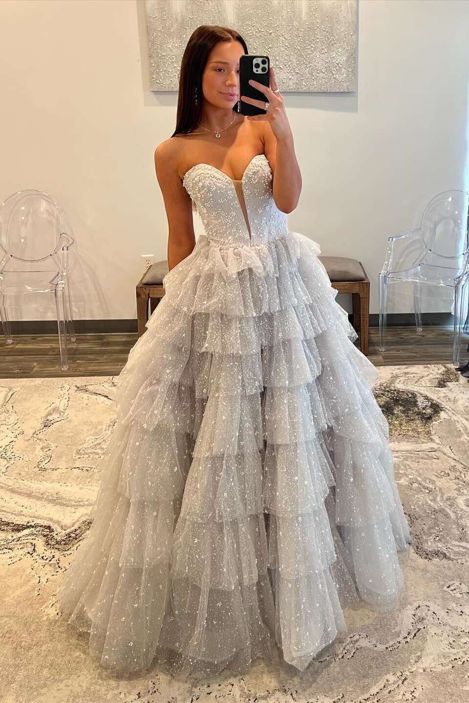 Strapless Silver Beaded Tiered Long Tulle Dress