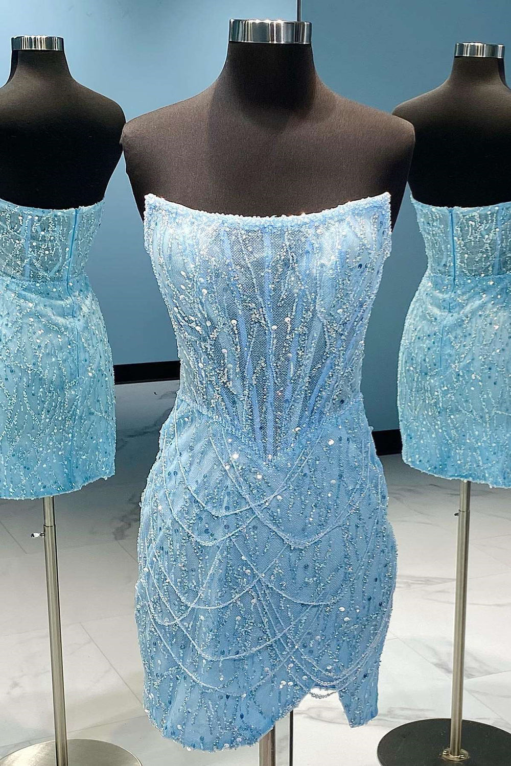 Strapless Sky Blue Sequin Bodycon Short Dress