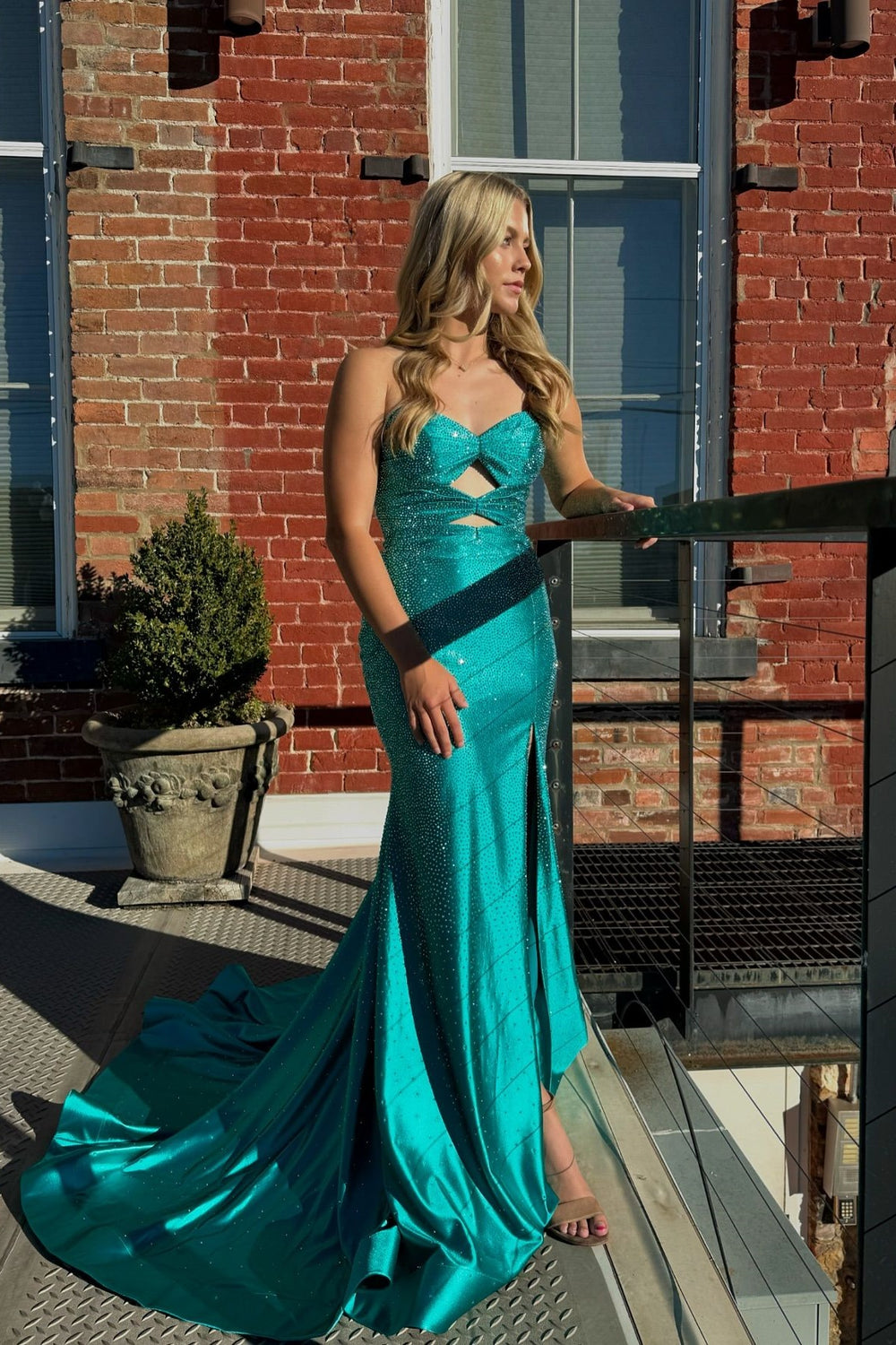 Strapless Teal Beaded Cut-out Long Dress with Slit