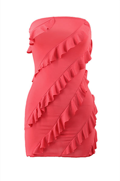 Strapless Watermelon Ruffled Hem Short Dress