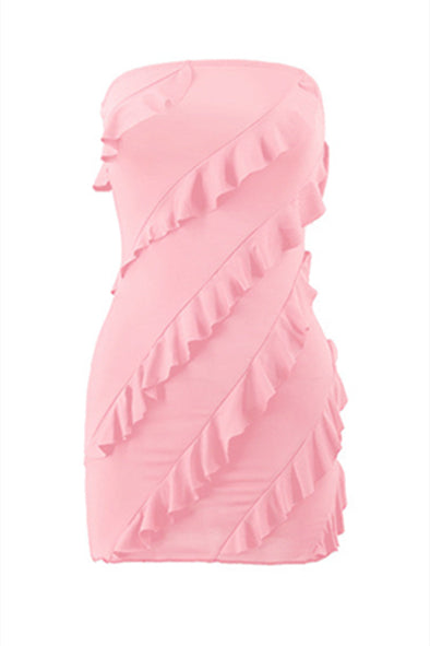 
                      
                        Strapless Watermelon Ruffled Hem Short Dress
                      
                    