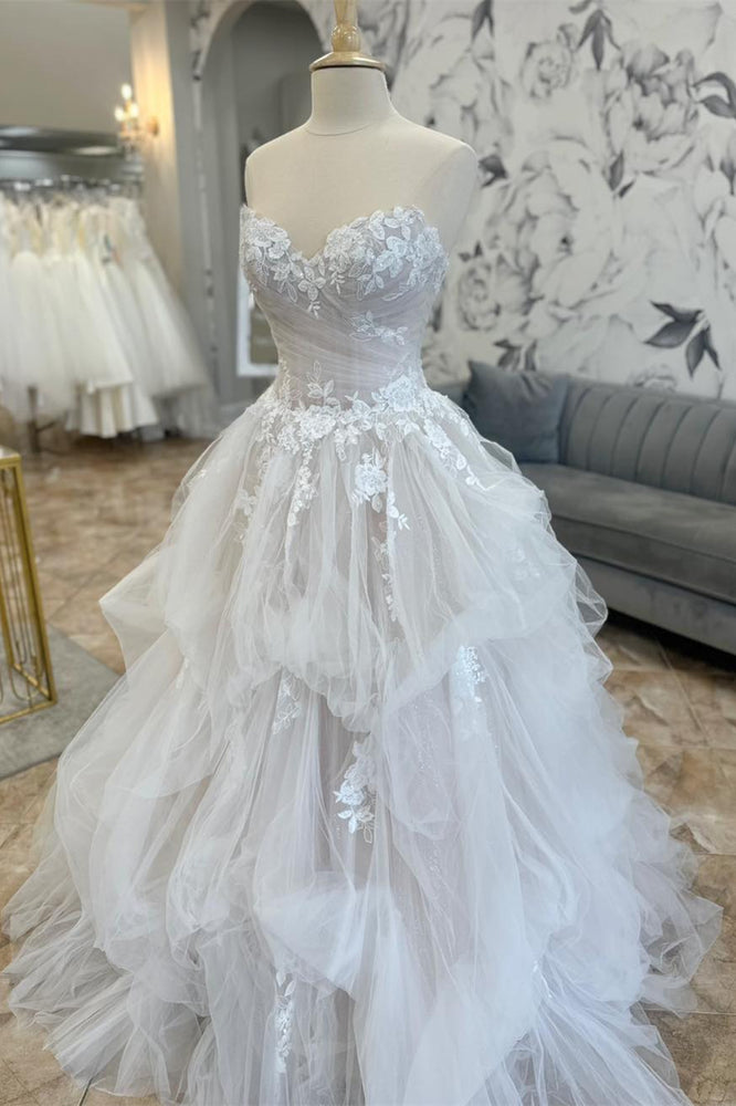 
                      
                        Strapless White Appliques Ruffled Wedding Dress
                      
                    