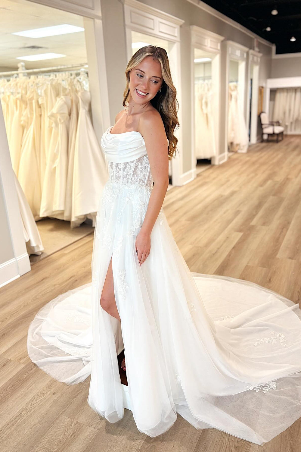Strapless White Appliques Wedding Dress with Slit