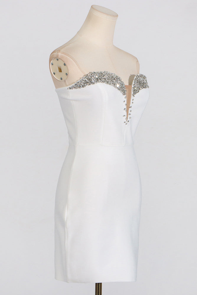 
                      
                        Strapless White Beaded Neck Bodycon Short Dress
                      
                    