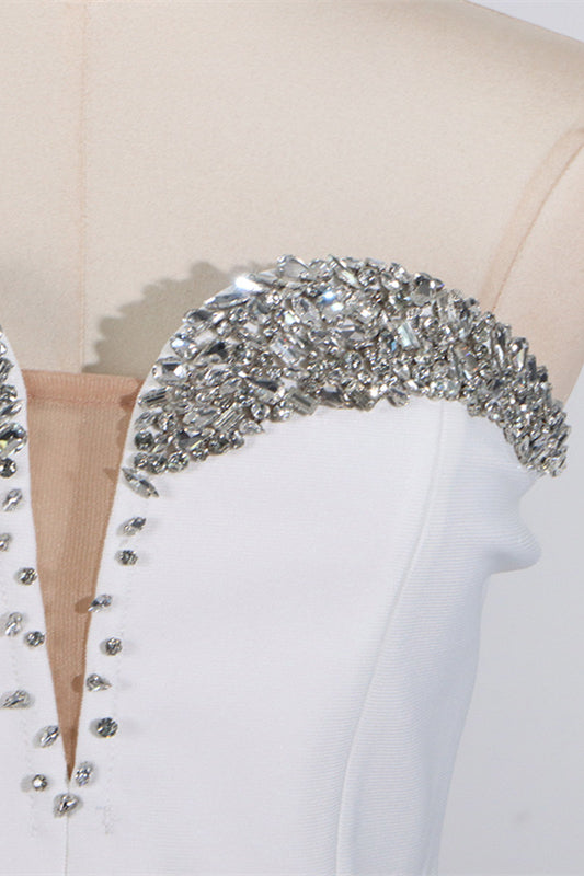 
                      
                        Strapless White Beaded Neck Bodycon Short Dress
                      
                    