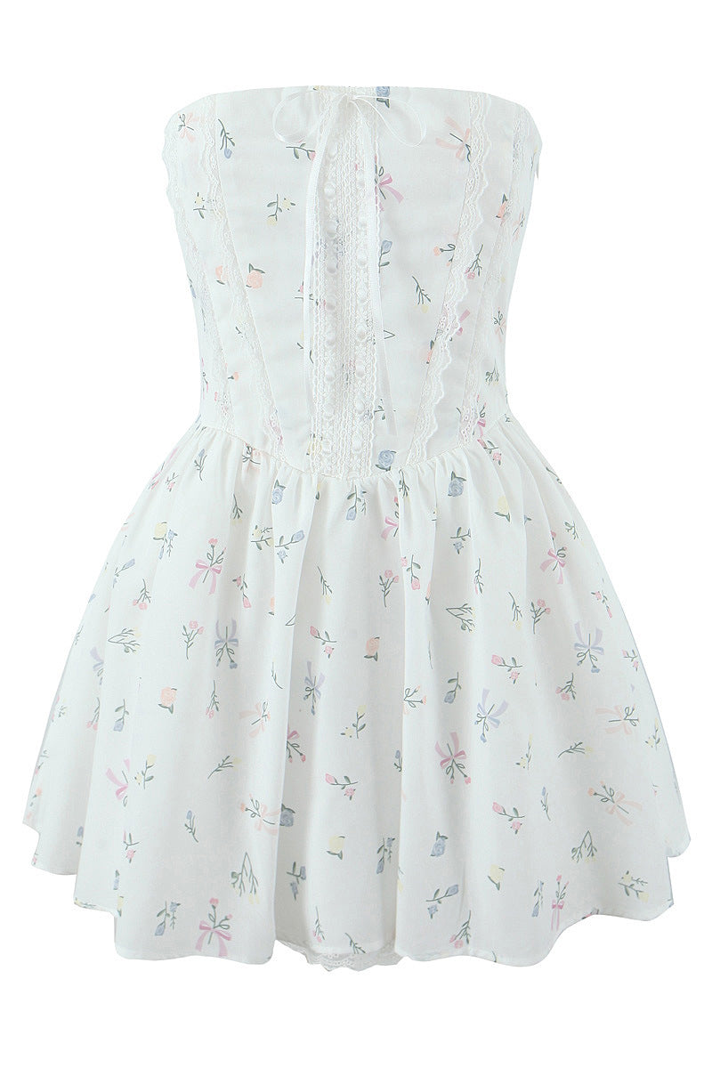 Strapless White Floral Print A-line Short Dress