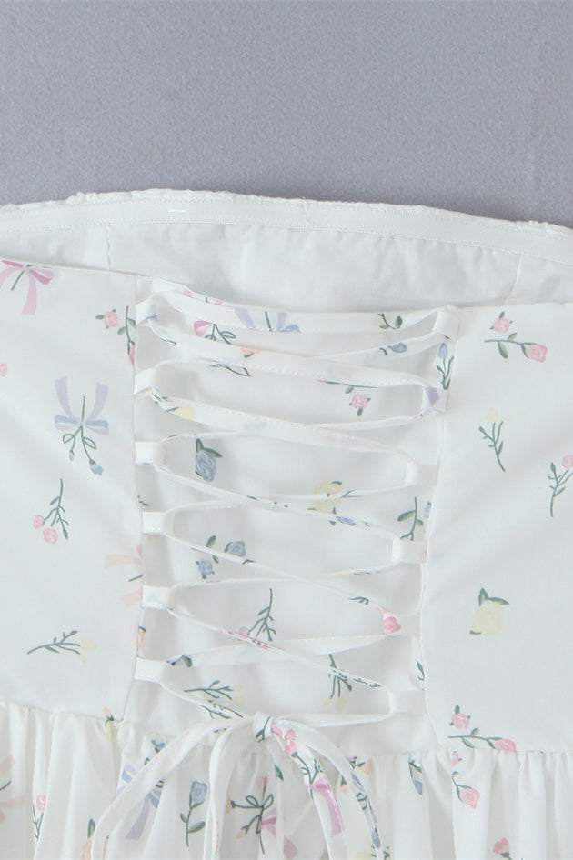 
                      
                        Strapless White Floral Print A-line Short Dress
                      
                    
