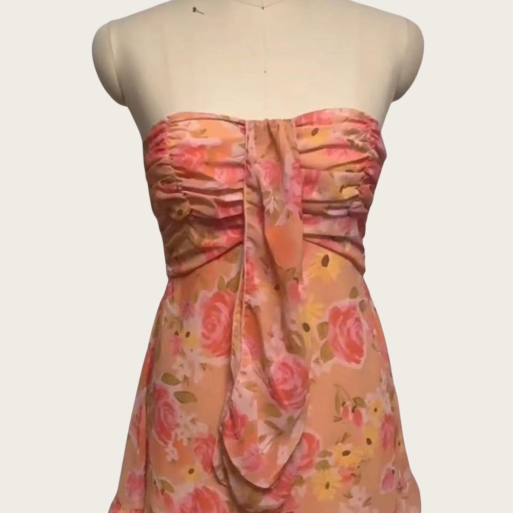 
                      
                        Strapless White Floral Print Ruffled Hem Mini Dress
                      
                    