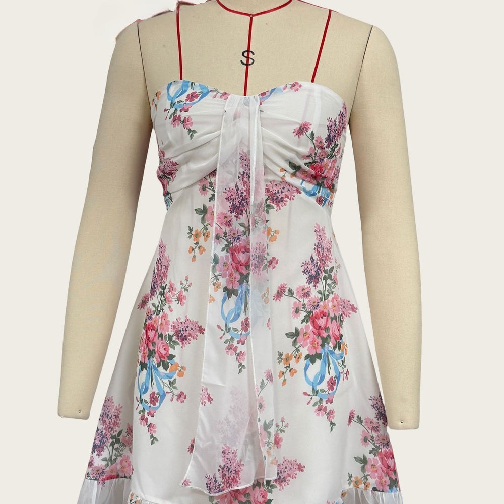 
                      
                        Strapless White Floral Print Ruffled Hem Mini Dress
                      
                    