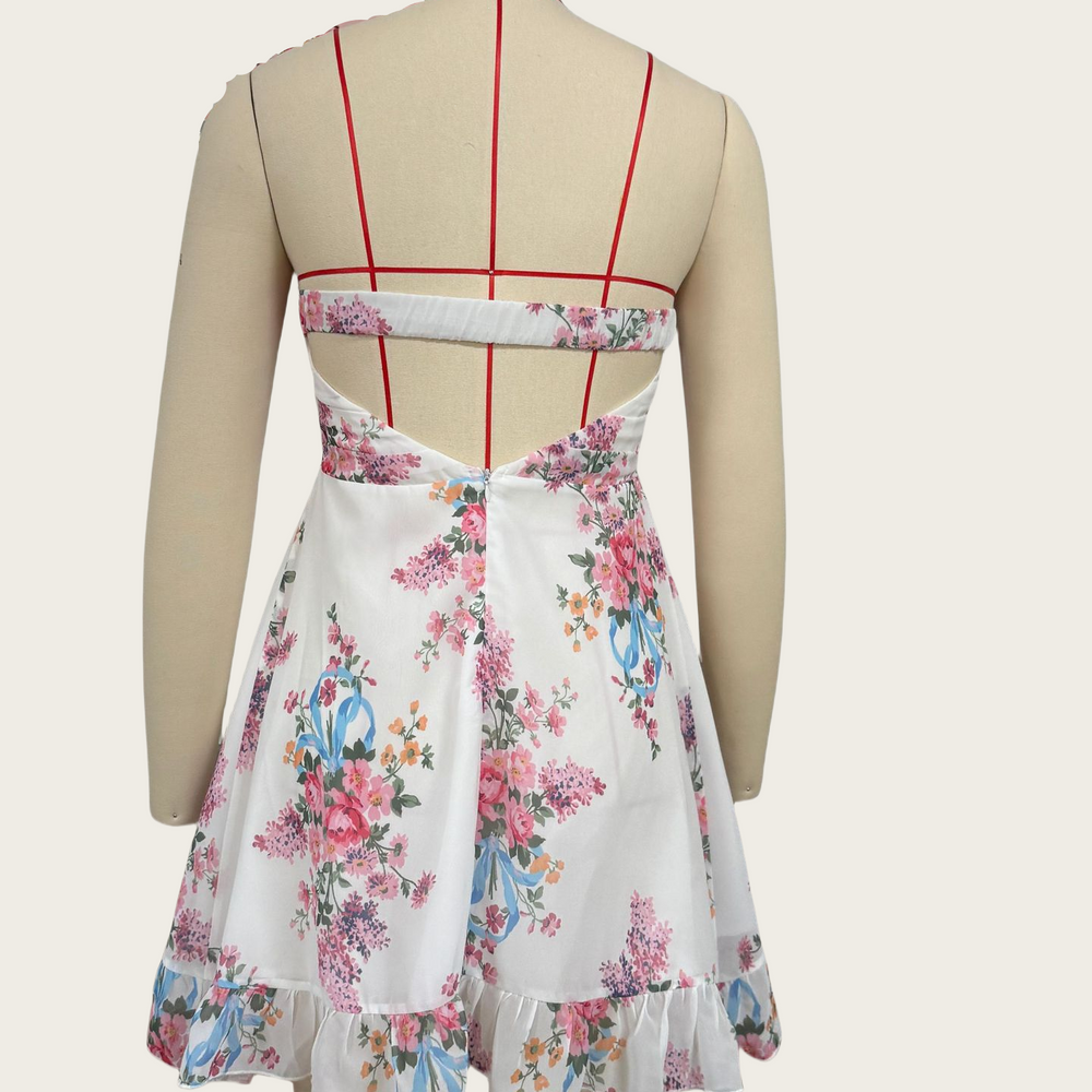 
                      
                        Strapless White Floral Print Ruffled Hem Mini Dress
                      
                    