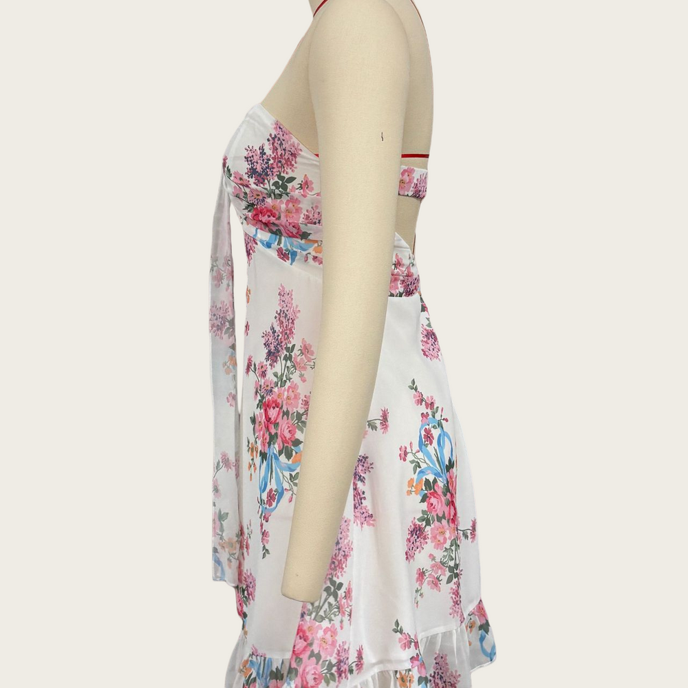 
                      
                        Strapless White Floral Print Ruffled Hem Mini Dress
                      
                    
