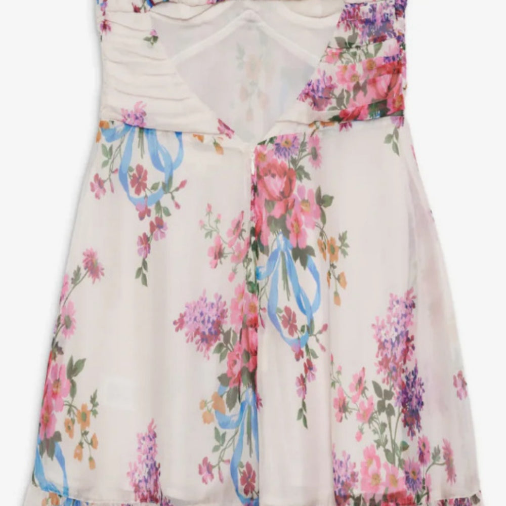 
                      
                        Strapless White Floral Print Ruffled Hem Mini Dress
                      
                    