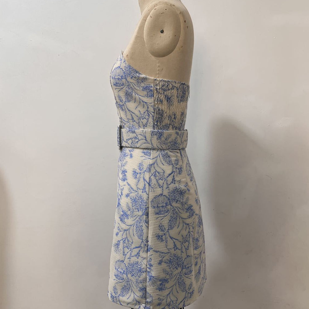 
                      
                        Strapless White Floral Print Short Dress with Belt
                      
                    