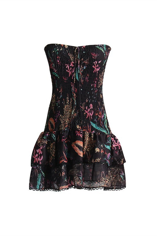 
                      
                        Strapless White Floral Print Tiered Short Dress
                      
                    