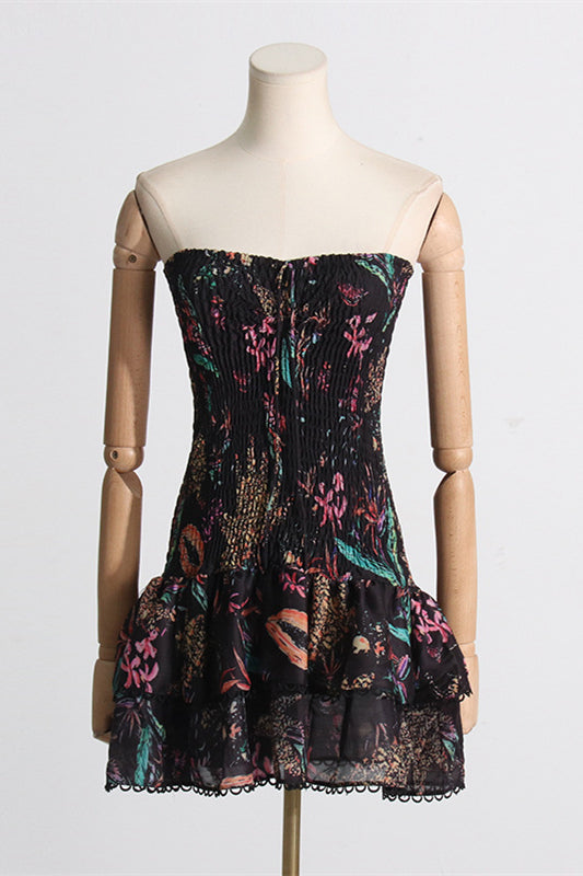 
                      
                        Strapless White Floral Print Tiered Short Dress
                      
                    