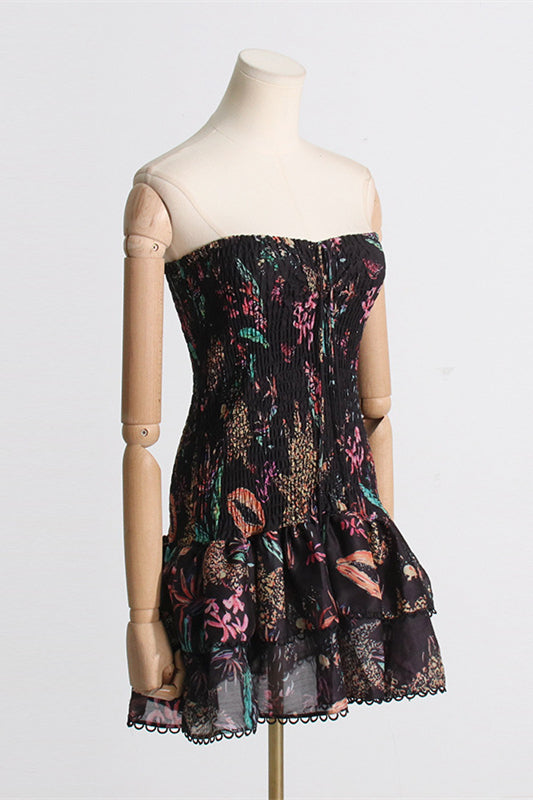 
                      
                        Strapless White Floral Print Tiered Short Dress
                      
                    