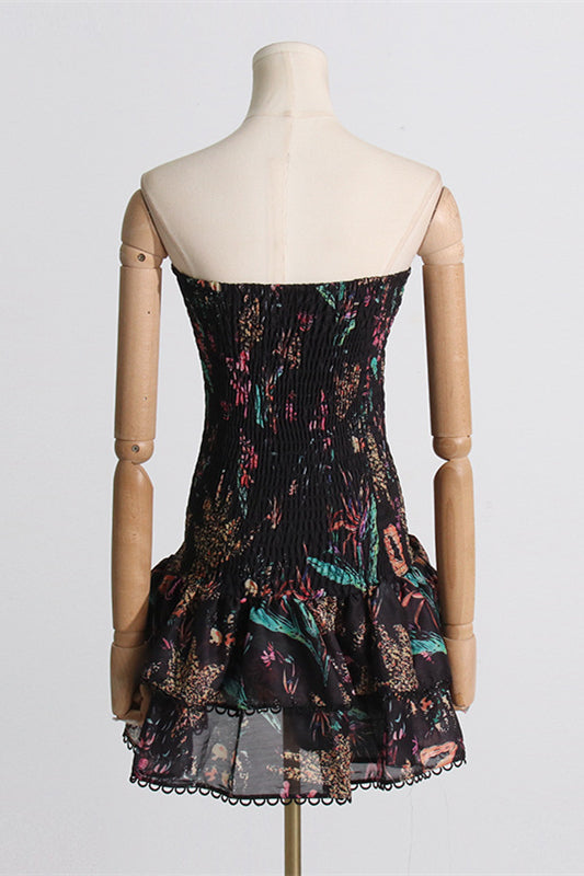 
                      
                        Strapless White Floral Print Tiered Short Dress
                      
                    