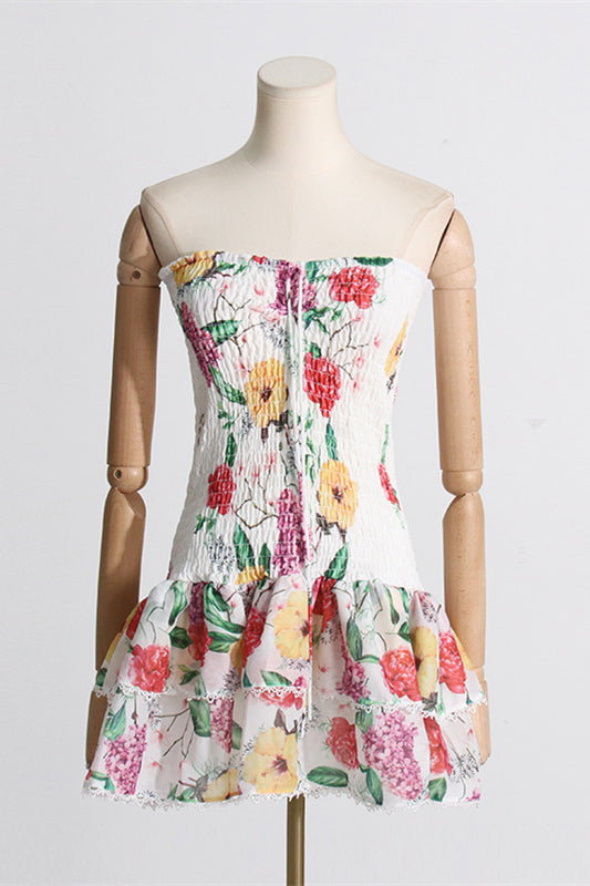 Strapless White Floral Print Tiered Short Dress