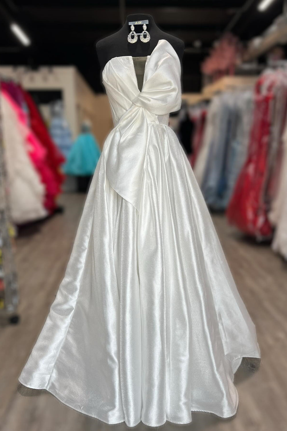 Strapless White Satin A-line Long Dress with Bow