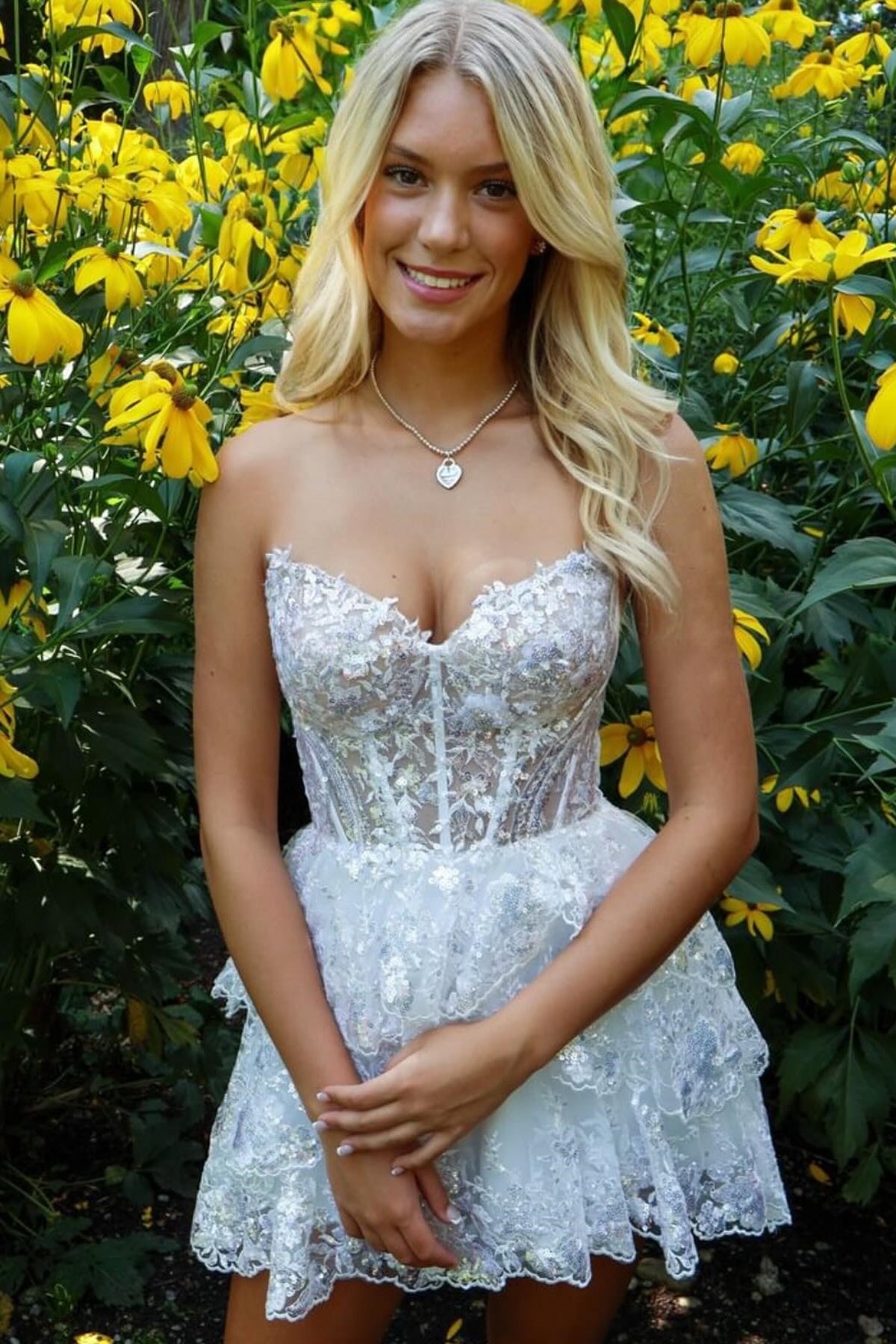 Strapless White Sequin Tiered A-line Short Dress – PollyBoutique