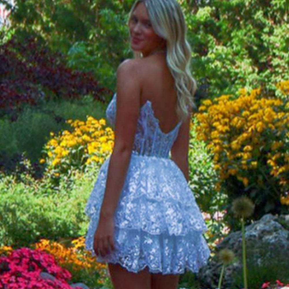 
                      
                        Strapless White Sequin Tiered A-line Short Dress
                      
                    