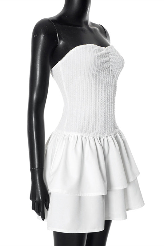 
                      
                        Strapless White Tiered A-line Short Dress
                      
                    