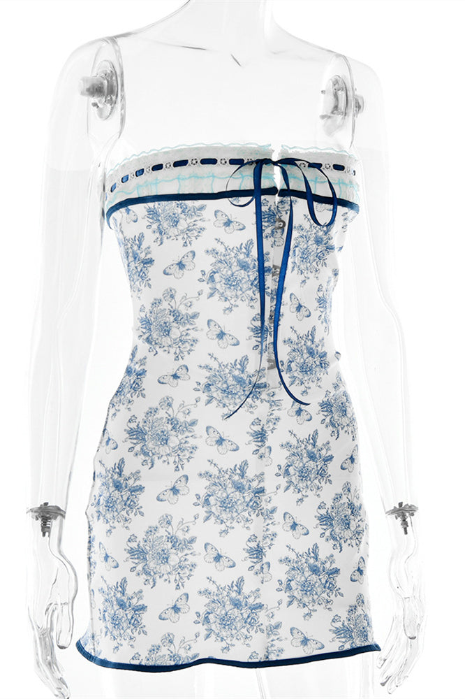 
                      
                        Strapless White and Blue Floral Print Short Dress
                      
                    