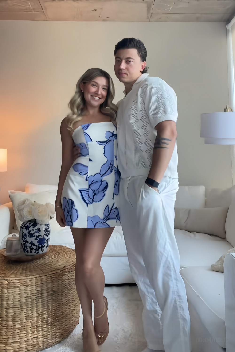 Strapless White and Blue Floral Print Short Dress