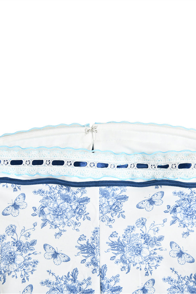 
                      
                        Strapless White and Blue Floral Print Short Dress
                      
                    