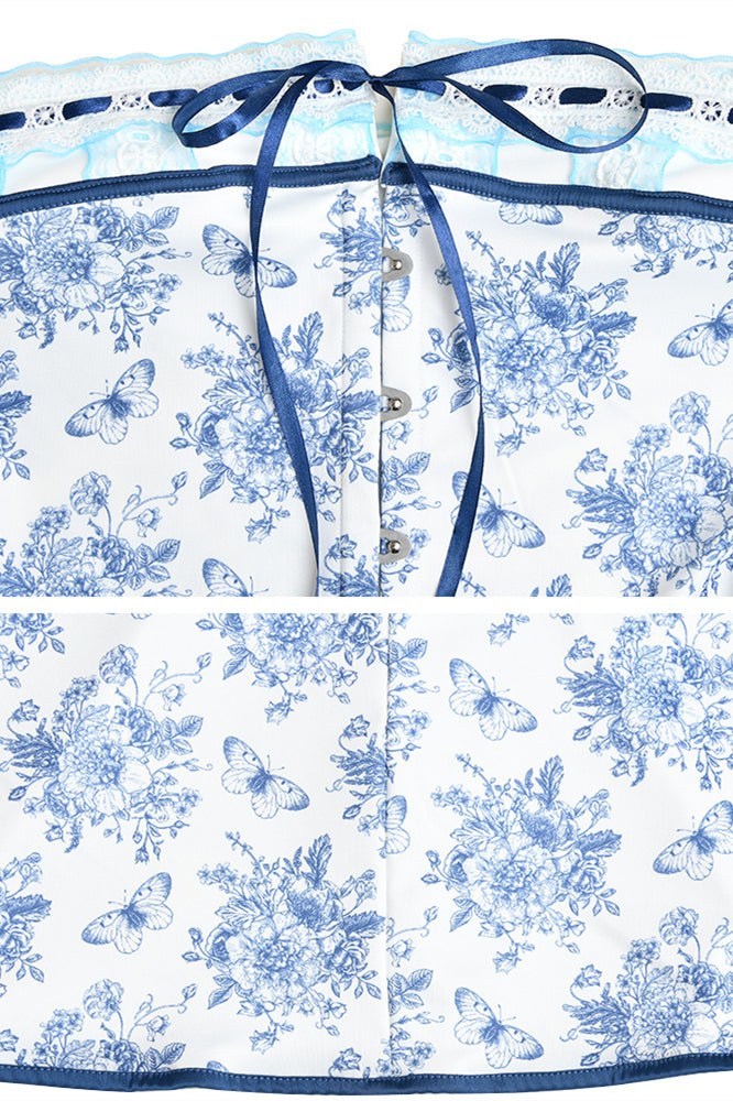 
                      
                        Strapless White and Blue Floral Print Short Dress
                      
                    