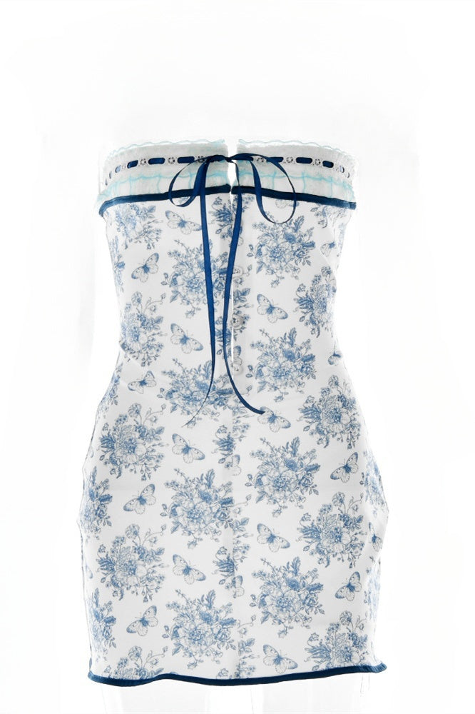 Strapless White and Blue Floral Print Short Dress