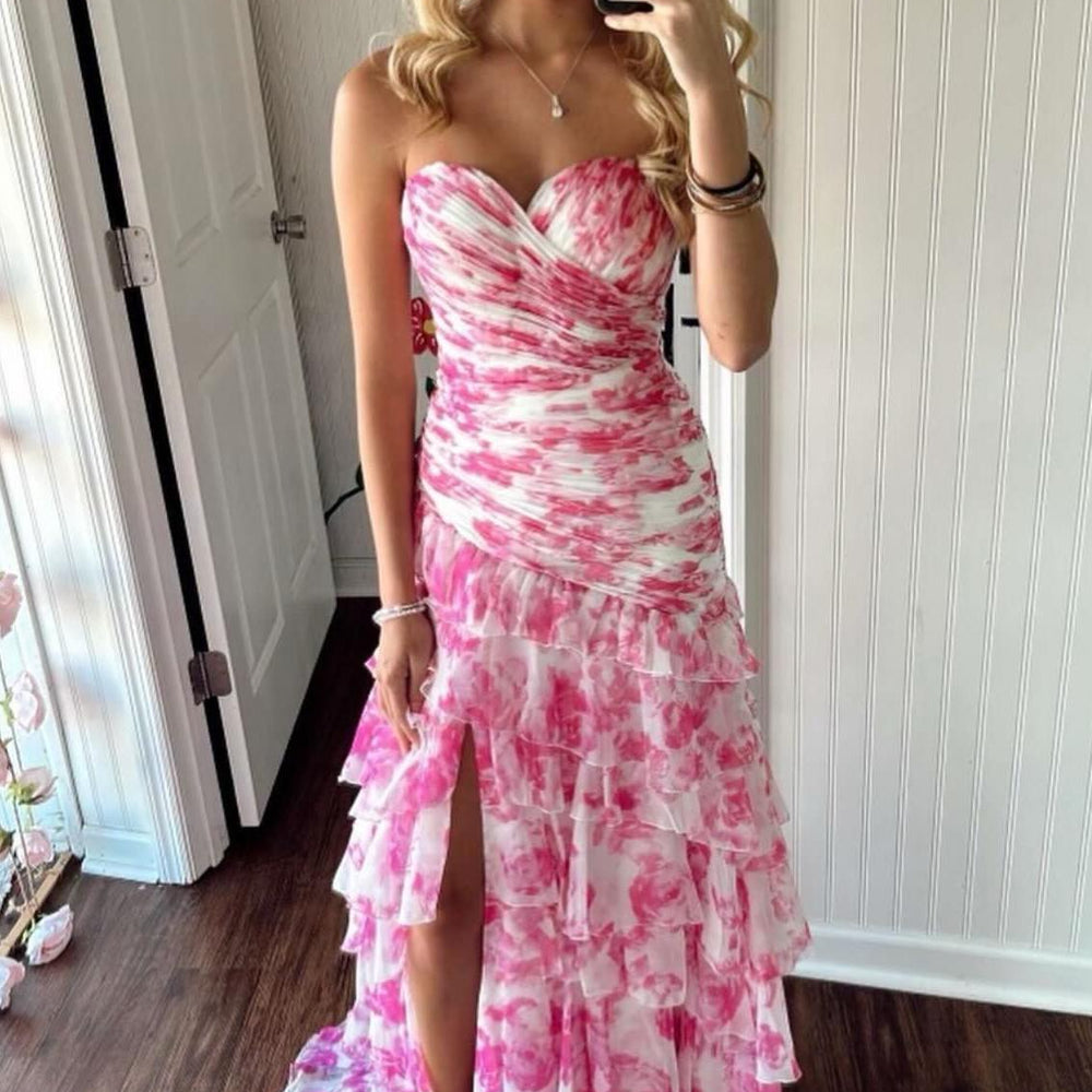 Strapless White and Pink Tiered Long Dress with Slit PollyBoutique Strapless White and Pink Tiered Long Dress with Slit PollyBoutique