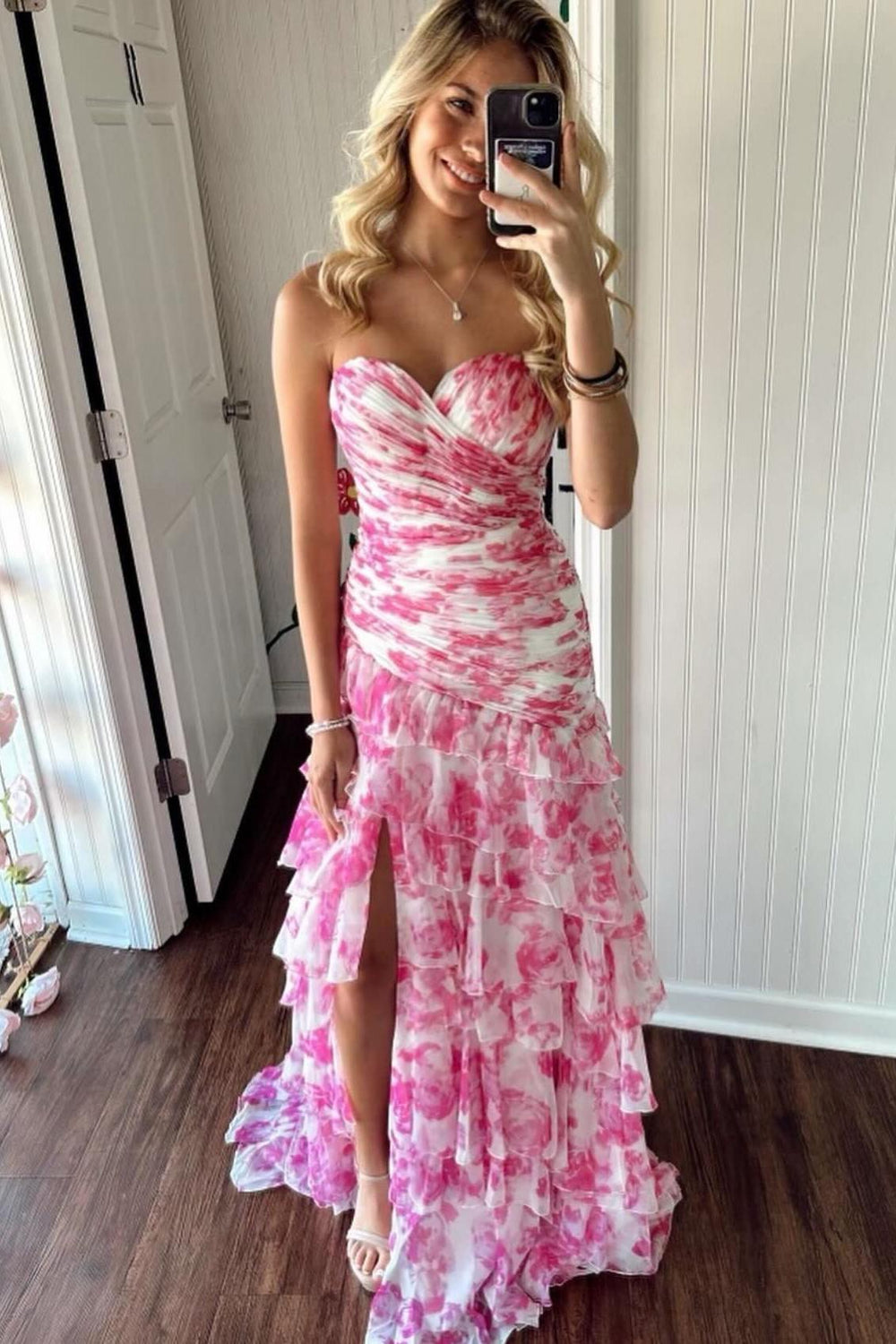 Strapless White and Pink Tiered Long Dress with Slit