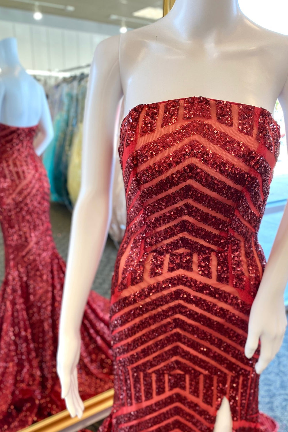 Strapless Wine Red Sequin Mermaid Long Dress