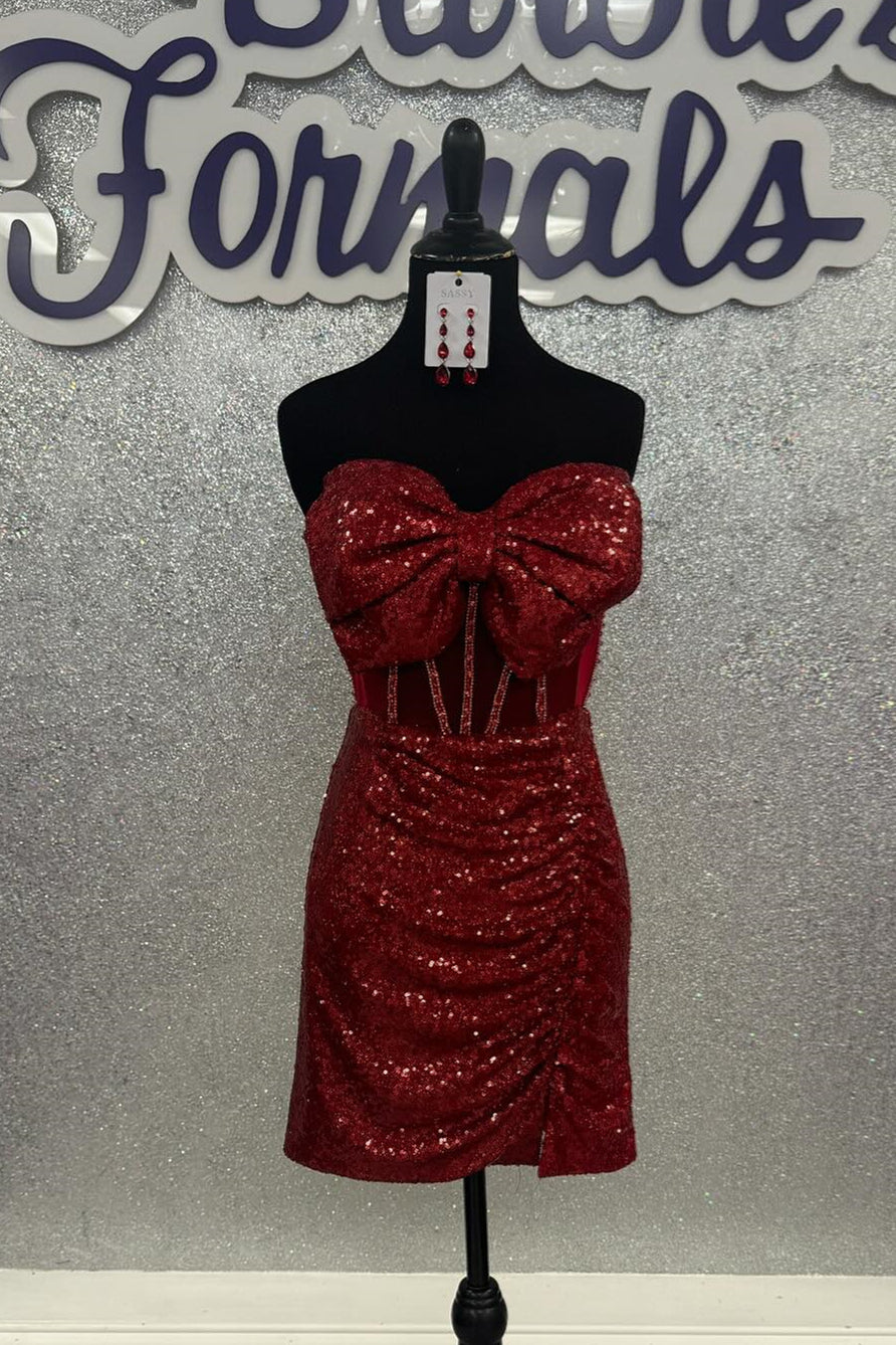 Strapless Wine Red Sequin Short Dress with Bow