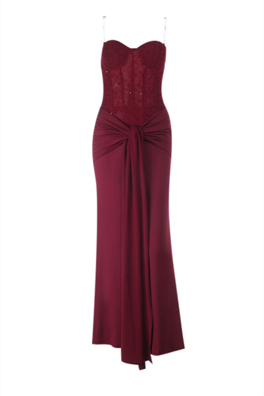 Strapless Wine Red Twist Fitted Long Dress